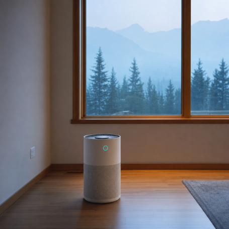 HEPA air purifier by a window showing smoke-hazed Alaska spruce and mountains during wildfire season