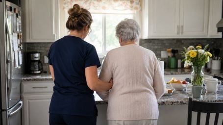 Caregiver providing in-home wellness support to an older adult in a bright kitchen, helping maintain daily independence and safe routines in Ponte Vedra Beach, FL.