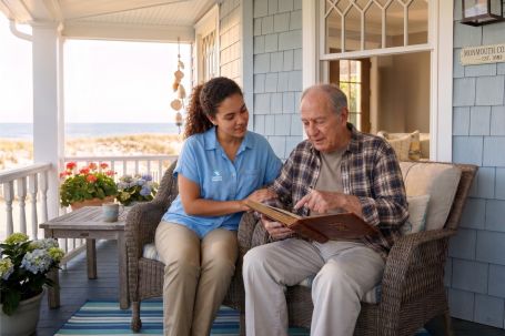 Comfort Keepers caregiver and an older man on a shore porch in Red Bank, Monmouth County