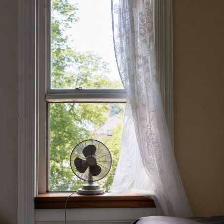 Open double-hung window with lace curtain and small fan in an older Rochester home on a humid summer afternoon