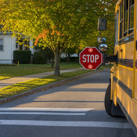 School bus stop arm extended on a quiet Syracuse residential street in early September morning light