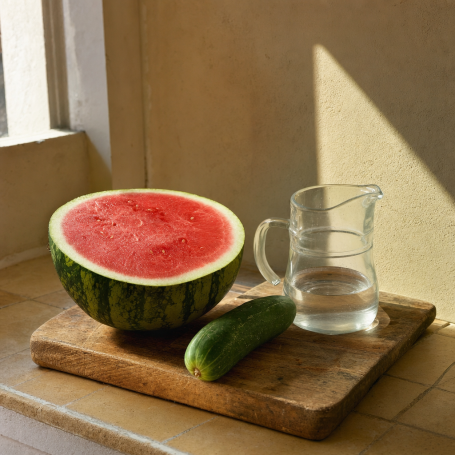 Halved watermelon, cucumber, and water pitcher on cutting board in bright Phoenix kitchen light