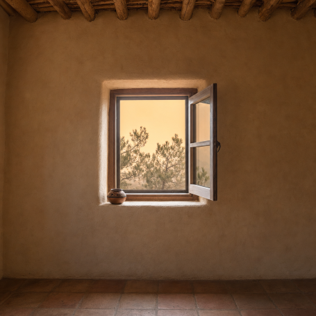 Closed window in a Santa Fe adobe home with hazy orange wildfire smoke sky visible outside