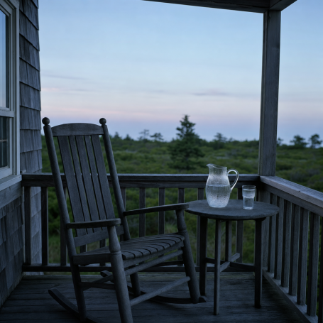Empty rocking chair on a shore-town porch with a sweating water pitcher in humid late-summer light
