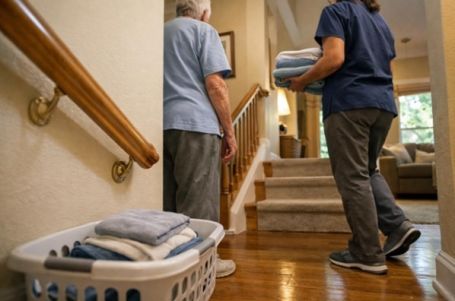 Caregiver carries folded laundry downstairs while an older adult pauses safely beside the stair rail at home.