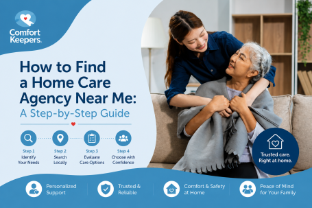 a caregiver warmly supporting an older woman at home