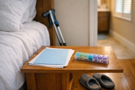 Post-surgery recovery supplies including discharge instructions, pill organizer, reacher tool, and non-slip slippers beside a bed at home