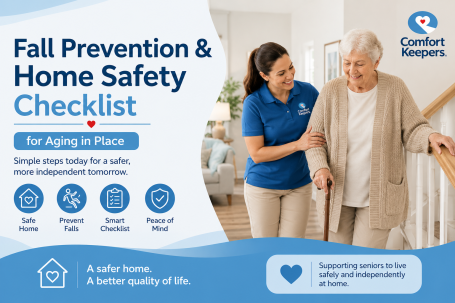 Comfort Keepers caregiver supporting an older woman with a cane at home, highlighting fall prevention and home safety for seniors aging in place.
