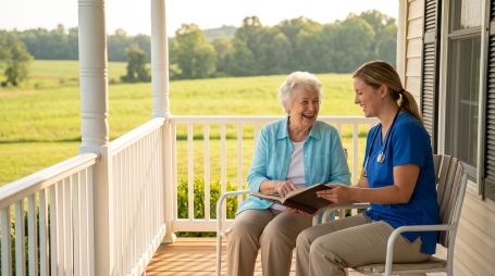 A professional caregiver warmly smiles while assisting an elderly patient on a cozy, sunlit rural Virginia porch.