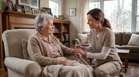 A caring caregiver assisting an elderly woman in her Franklin Virginia home.