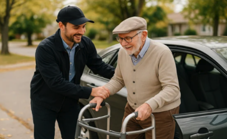 Senior with fall risk assisted by caregiver out for an appointment