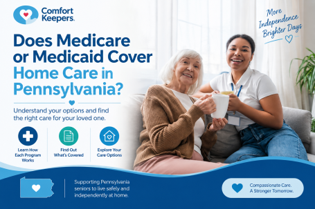 Caregiver sharing tea with an older woman at home, illustrating Medicare and Medicaid home care options for seniors in Pennsylvania.