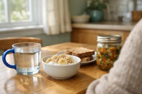 Small hydration-friendly senior lunch with yogurt, banana, oats, toast, vegetable soup, and water set within easy reach at home