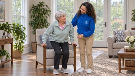 A Comfort Keepers caregiver steadies an older woman as she rises from a chair in her living room.