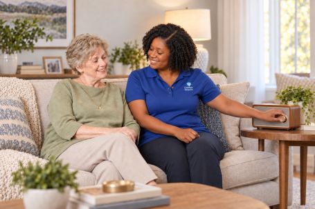 A Comfort Keepers caregiver and an older woman listening to the radio together on a sofa in the late afternoon.