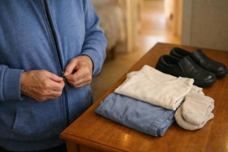Older adult fastening a cardigan zipper beside easy-to-wear clothing and lace-free shoes during a morning dressing routine at home