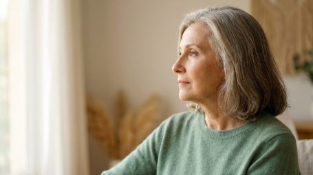 A dignified senior woman with warm grey hair sits thoughtfully by a sunlit window in her comfortable living room.