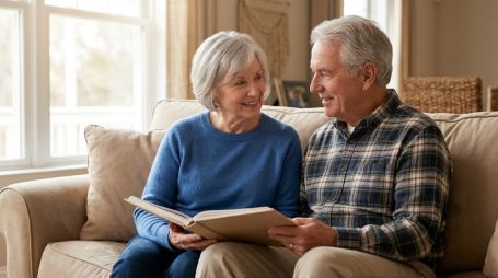 A dignified senior couple with grey hair sits comfortably together in a sunlit living room looking at a photo album.