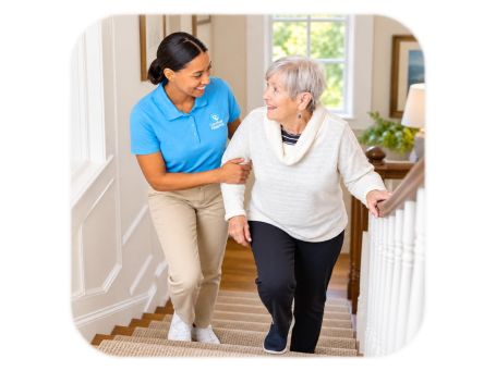 A Comfort Keepers caregiver helps an older woman up the stairs at home