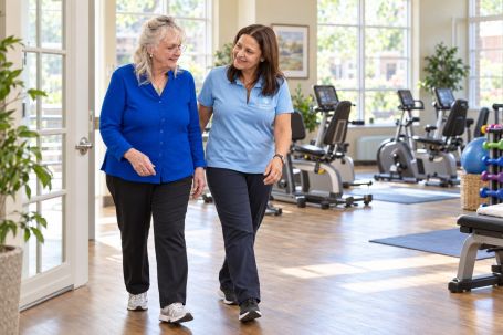 Illustration of a Comfort Keepers caregiver walking with an older woman in an independent living fitness room, for in-home care in Tinton Falls, NJ