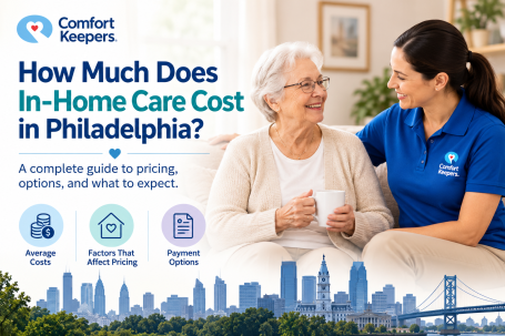 Comfort Keepers caregiver talking with an older woman at home, illustrating in-home care costs and care options for seniors in Philadelphia.