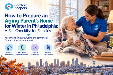 Comfort Keepers caregiver helping an older woman stay warm at home, illustrating a winter home safety checklist for seniors in Philadelphia.