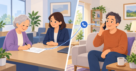 Illustration: an older woman fills out a short form at a bank desk while, in another home, a family member answers a phone call. A trusted contact only gets a call, not access to the money.