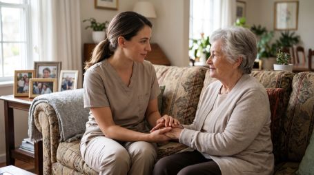 A compassionate caregiver holding the hands of a senior woman with warm gray hair, sitting peacefully on a comfortable living room sofa.