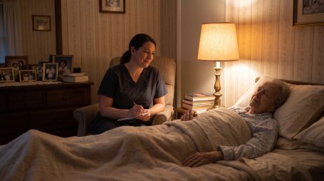 A caring home health aide sitting comfortably near a peacefully sleeping senior, illuminated by a soft bedside lamp in a cozy room