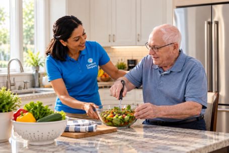 A Comfort Keepers caregiver helps an older man toss a salad at his kitchen counter.