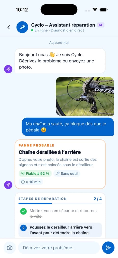 Chat avec l'assistant réparation qui identifie une chaîne déraillée à partir d'une photo et guide la réparation étape par étape