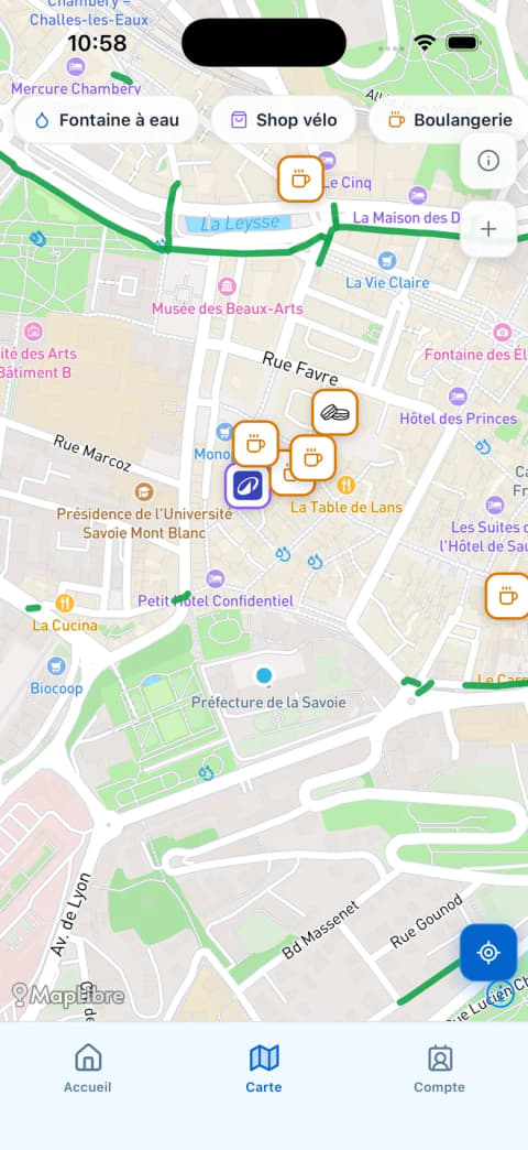 Carte avec pistes cyclables, fontaines à eau, boutiques vélo et boulangeries dans le centre de Chambéry