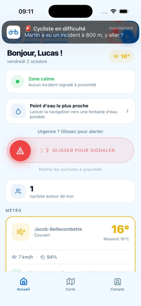 Notification « Martin a eu un incident à 800 m, y aller ? » reçue par un cycliste à proximité