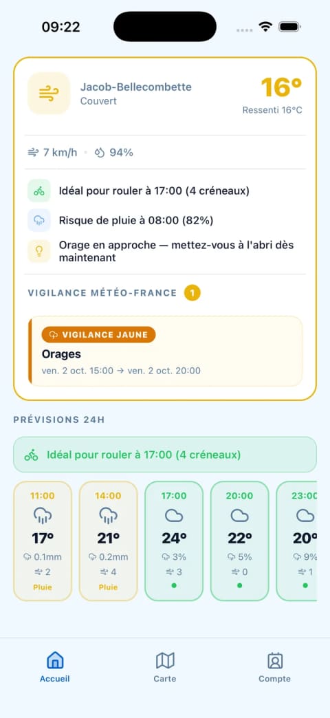 Écran météo avec conseils pour rouler, vigilance Météo-France et prévisions heure par heure