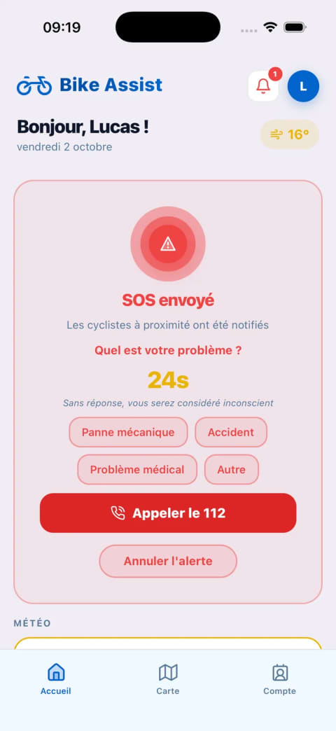 Écran SOS envoyé demandant le type d'incident : panne mécanique, accident, problème médical ou autre