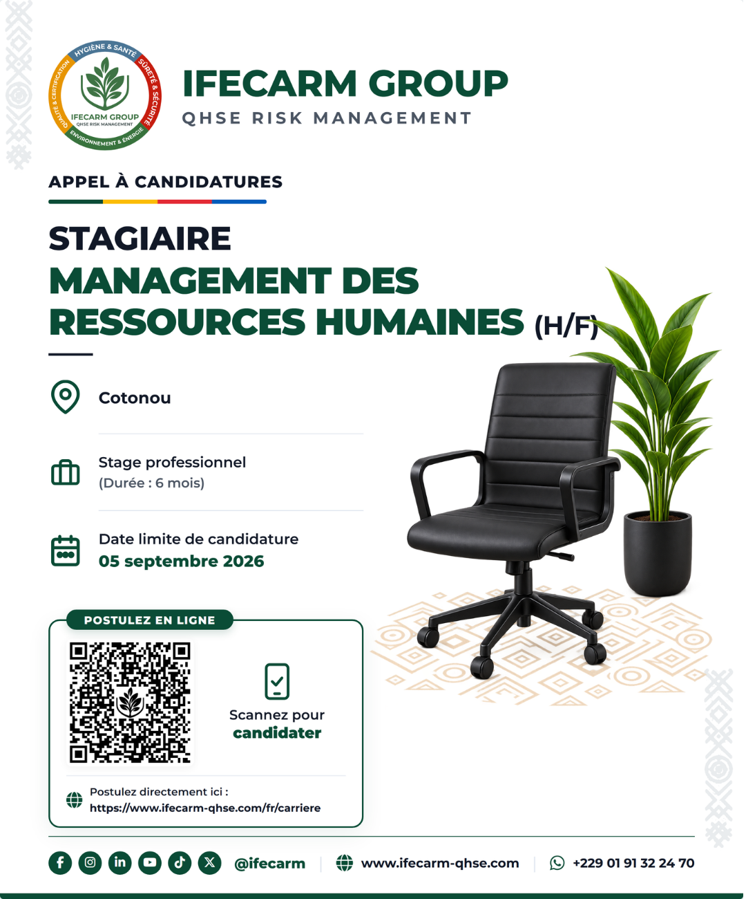 Affiche de recrutement IFECARM GROUP — Stage Management des Ressources Humaines, Cotonou, stage professionnel de 6 mois, candidature avant le 5 septembre 2026.