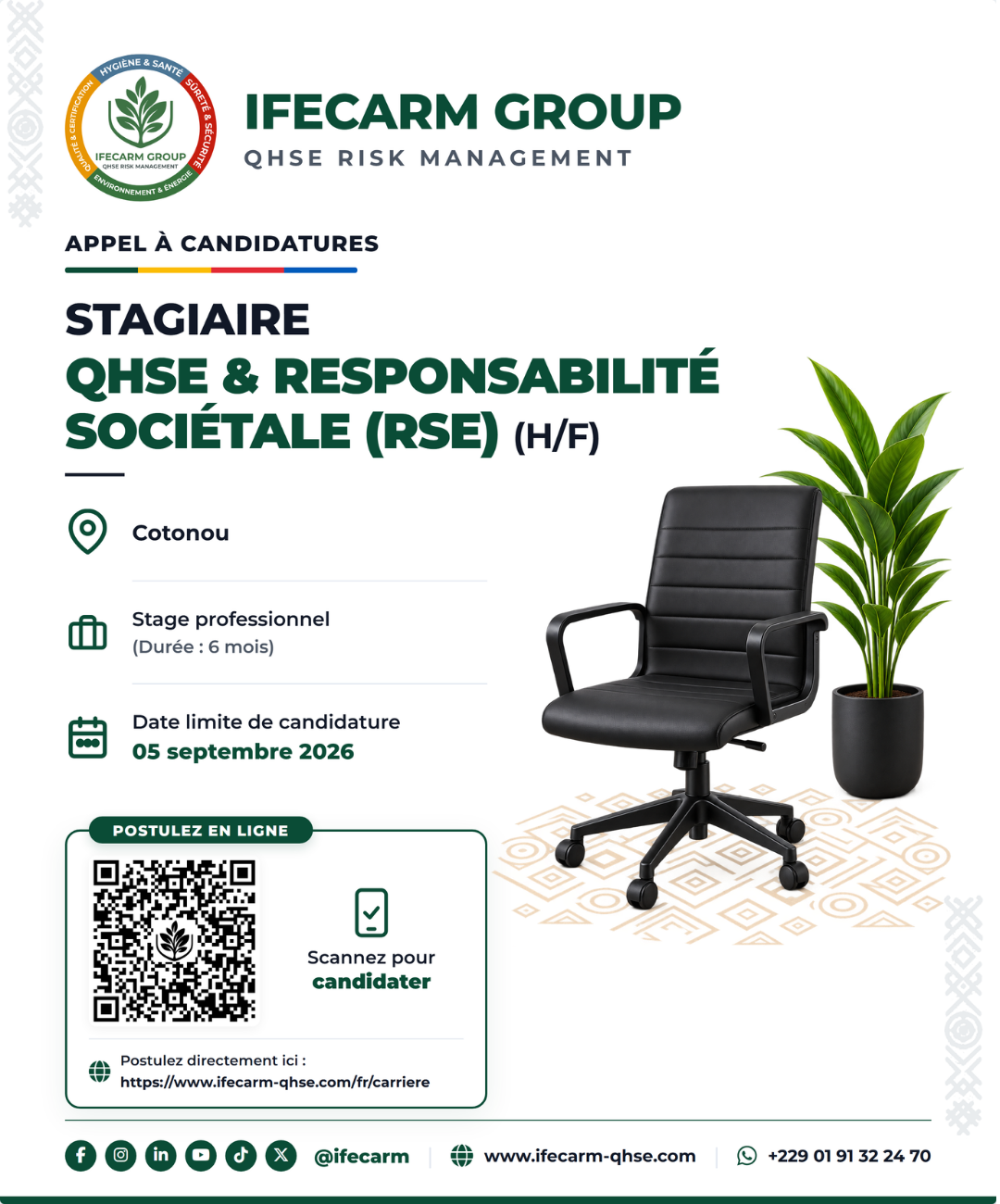 Affiche de recrutement IFECARM GROUP — Stage QHSE et Responsabilité Sociétale des Entreprises (RSE), Cotonou, stage professionnel de 6 mois, candidature avant le 5 septembre 2026.