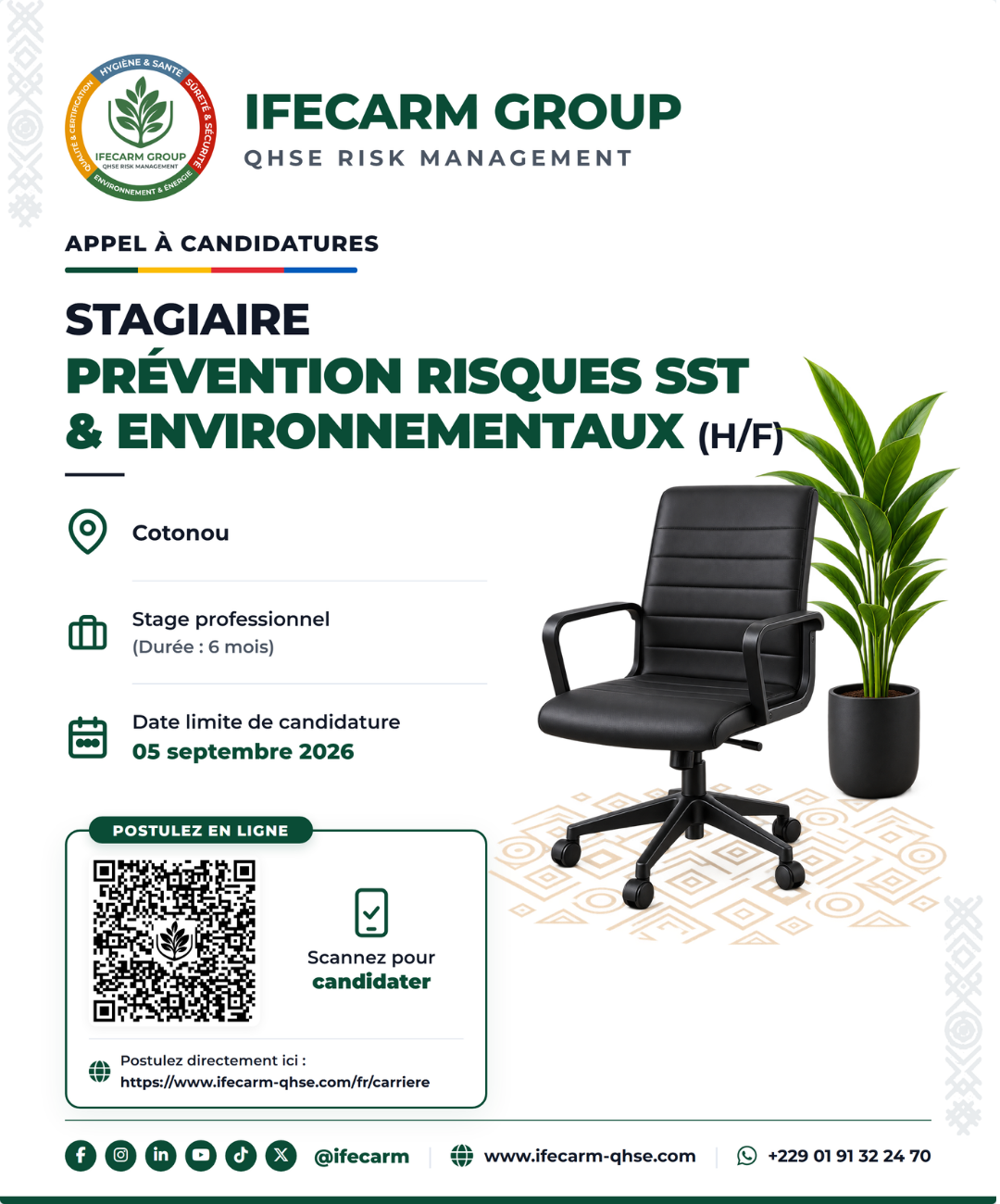 Affiche de recrutement IFECARM GROUP — Stage Prévention et Maîtrise des Risques SST et Environnementaux, Cotonou, stage professionnel de 6 mois, candidature avant le 5 septembre 2026.