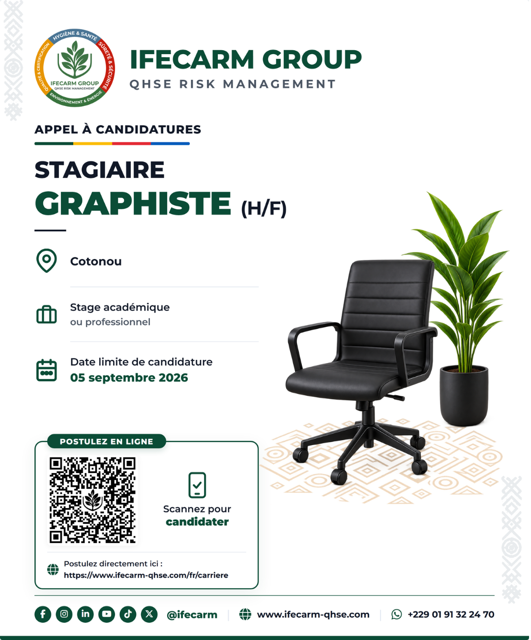 Affiche de recrutement IFECARM GROUP — Stage Graphiste, Cotonou, stage académique ou professionnel, candidature avant le 5 septembre 2026.