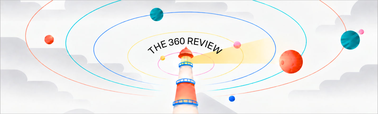 A lighthouse sweeping a beam through concentric coloured orbits carrying small planets, against soft grey clouds, with the essay title arcing over it