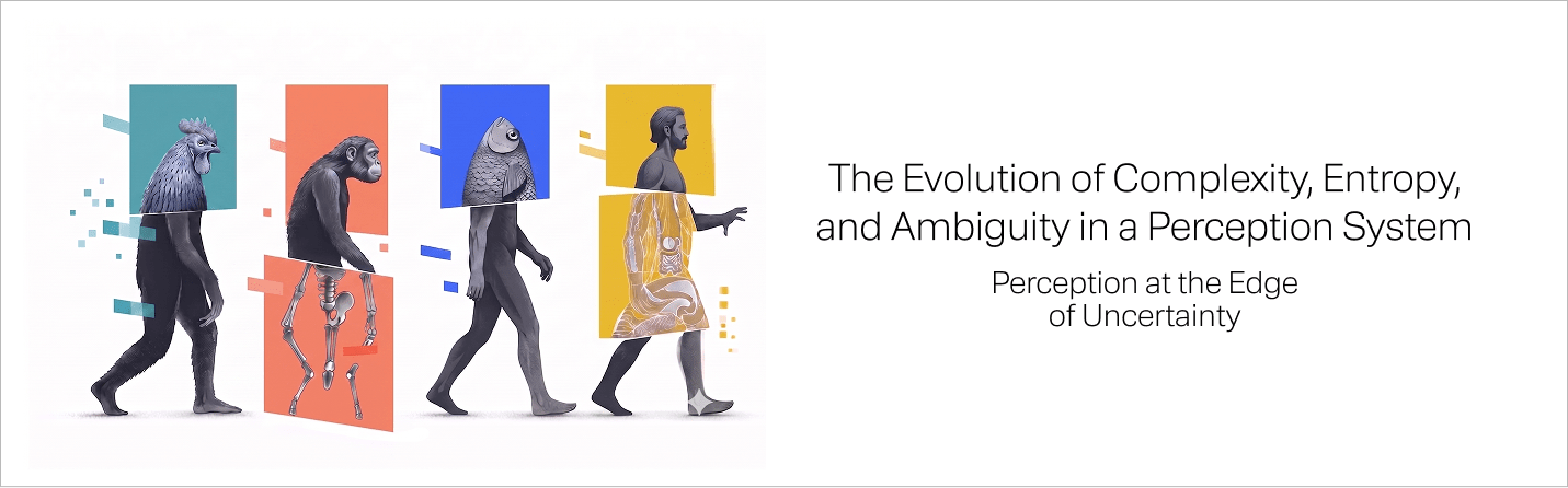 The Evolution of Complexity, Entropy, and Ambiguity in a Perception System: perception at the edge of uncertainty. Four figures walk in line, each with a different animal head, against blocks of colour.