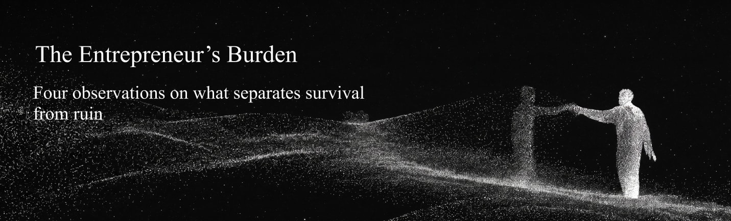 The Entrepreneur’s Burden: four observations on what separates survival from ruin. Two figures drawn in points of light reach towards one another across a dark plain.