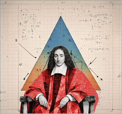 A seventeenth-century thinker in a red brick-patterned robe, seated before a blue and orange triangle on graph paper covered in handwritten equations