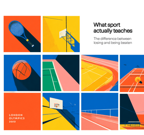 A grid of flat illustrations in orange, yellow, blue and green: a tennis racket, basketball hoops, a tennis court, a running track and a London Olympics 2012 tile