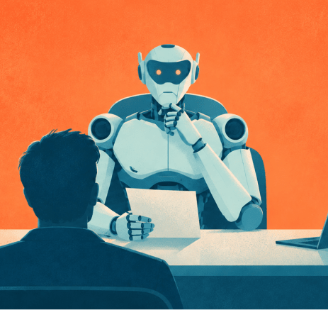 A flat illustration of a robot in a chair reading a sheet of paper across a desk from a seated man, on an orange ground