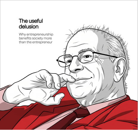 A line drawing of an older man in a red shirt and dark tie, glasses on, chin resting on his hand, smiling to one side