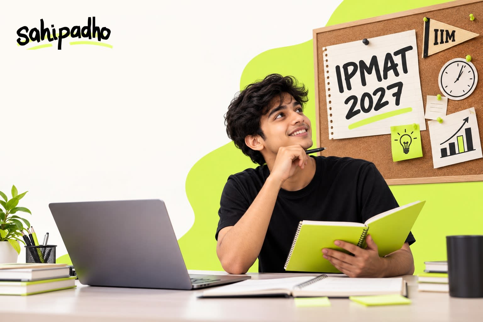 Student preparing for IPMAT 2027 at a desk with a laptop and lime notebook