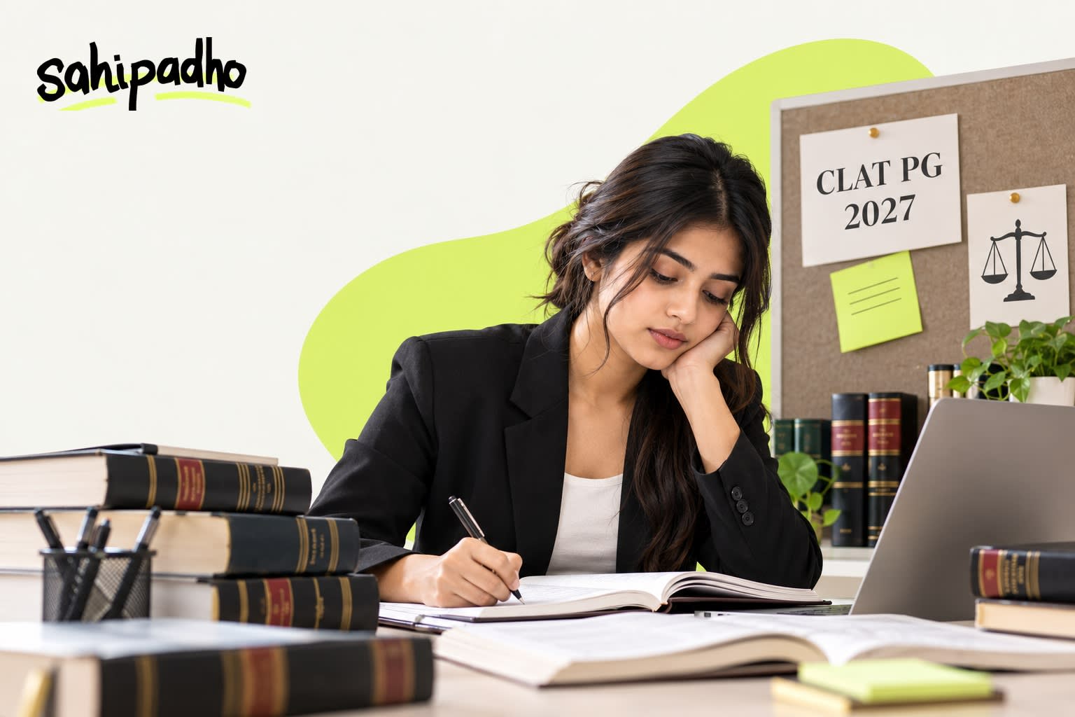 Law graduate preparing for CLAT PG 2027 with law books and a laptop