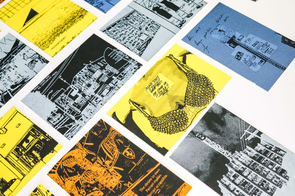 Postcards laid on table