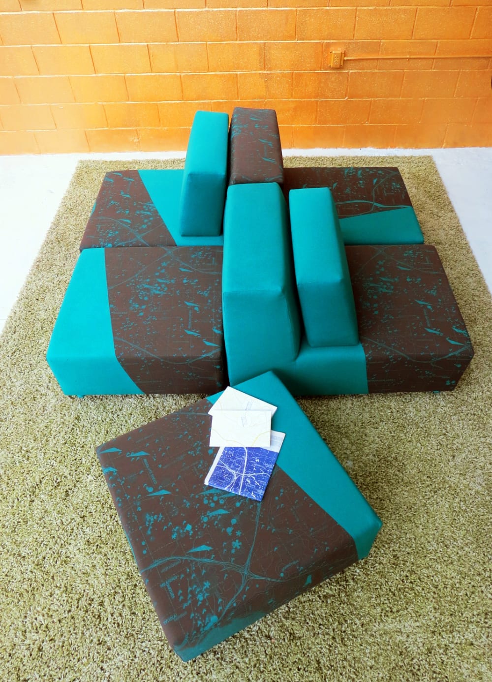 Modular couch with map printed on it
